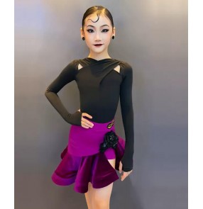 Black with purple latin dance dresses for girls kids children latin salsa chacha ballroom dance costumes for girls